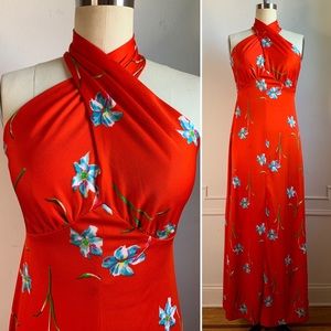 Vintage 70s Red Floral Maxi Dress